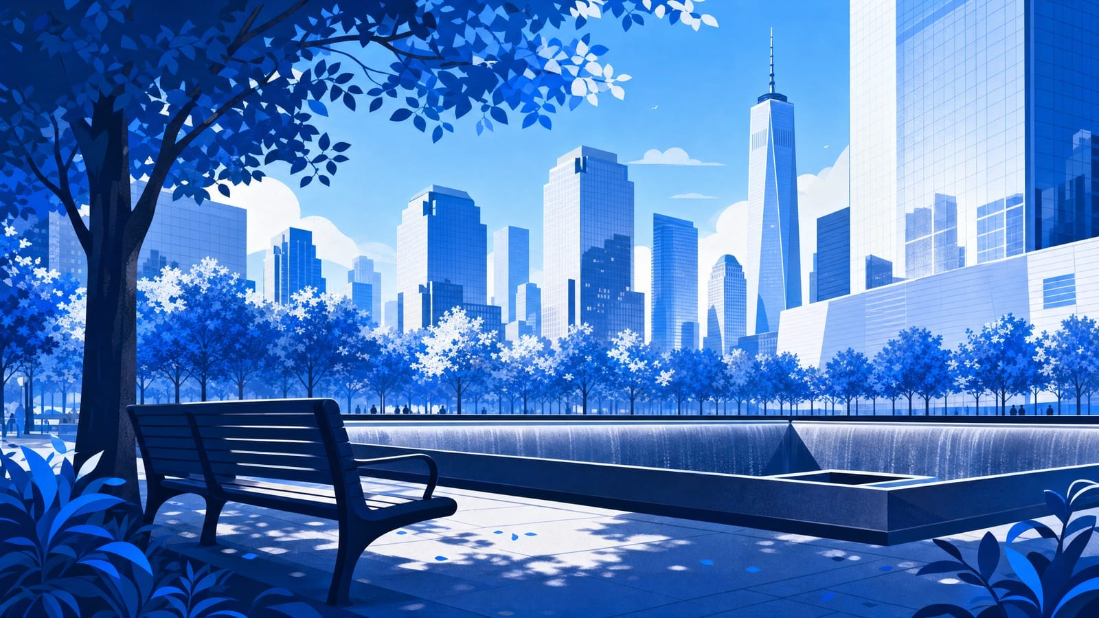 Empty park bench at dawn with autumn leaves